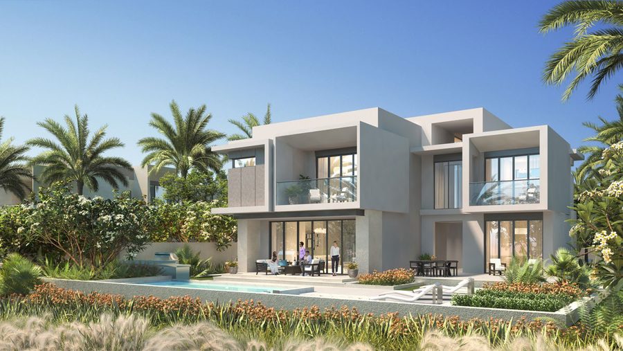 Villa exterior render with pool, Jebel Ali Village