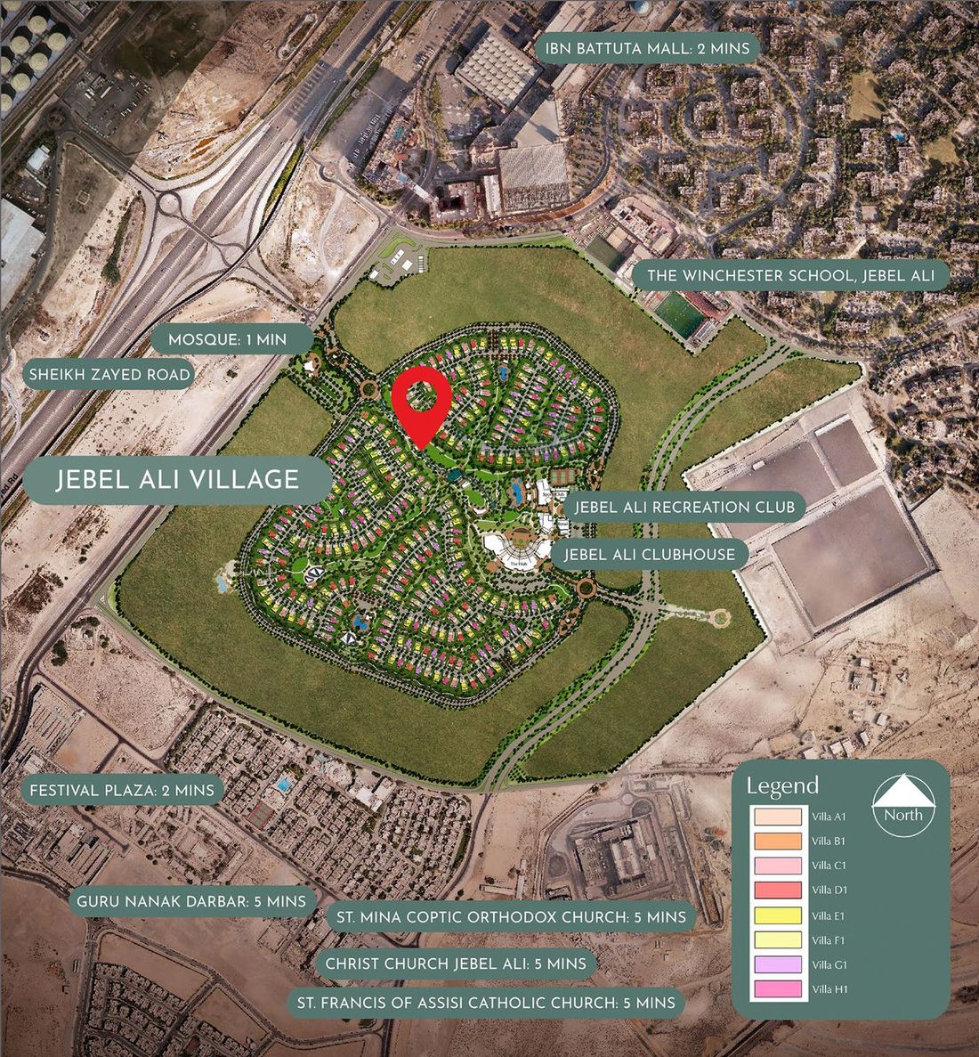 Aerial location map of Jebel Ali Village showing surrounding roads, schools and landmarks
