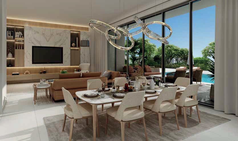 Staged open-plan living and dining interior of a Jebel Ali Village home